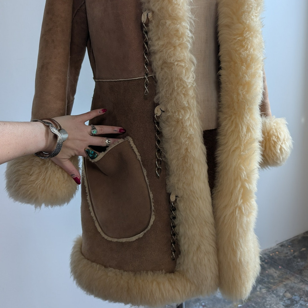 Vintage Brown Suede Fur Coat Boho Tan Leather Penny Lane Jacket Fur Trim Medium - Picture 5 of 11